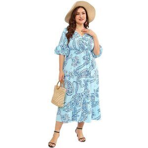Women's V-Neck Flounce Half Sleeve Paisley Floral Print Midi Dress